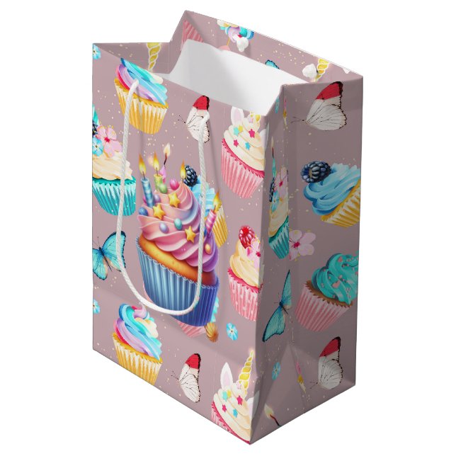 Sac Cadeau Moyen Anniversaire de Cupcake (Devant Angle)