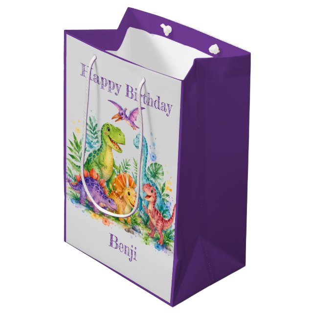 Sac Cadeau Moyen Anniversaire de dinosaure coloré (Devant Angle)