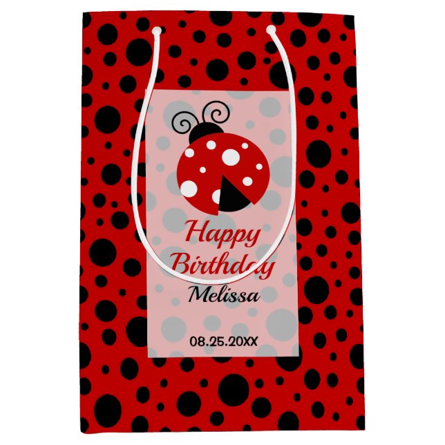 Sac Cadeau Moyen Anniversaire de enfant Pois Ladybug Red Black Fram (Devant)