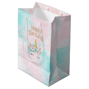 Sac Cadeau Moyen Anniversaire de fille licorne rose et turquoise