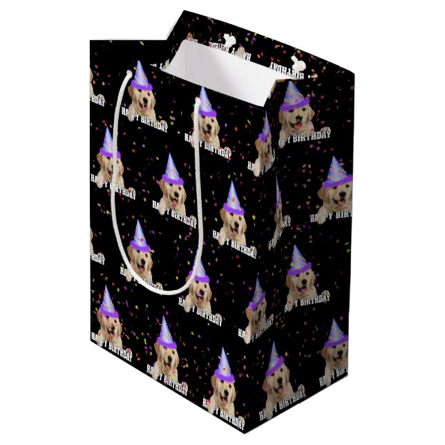 Sac Cadeau Moyen Anniversaire de Golden Retriever avec confetti (Dos Angle)