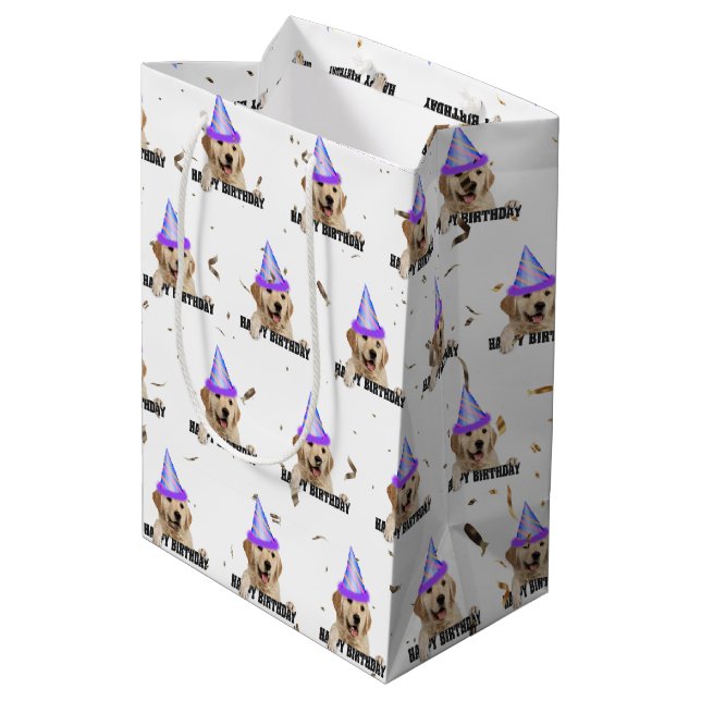 Sac Cadeau Moyen Anniversaire de Golden Retriever avec confetti (Dos Angle)