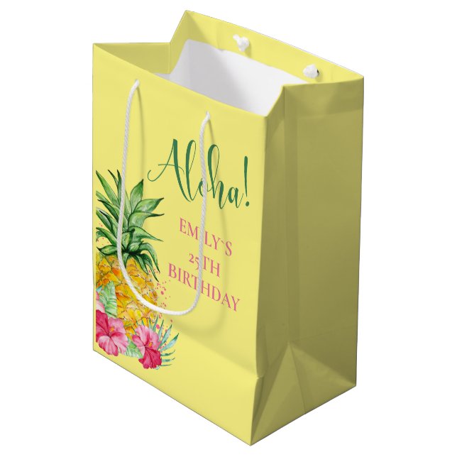 Sac Cadeau Moyen Anniversaire de l'Aloha Tropical Pineappical Hawai (Devant Angle)