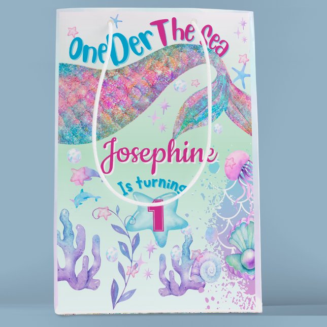 Sac Cadeau Moyen Anniversaire de première année sirène aquarelle (Créateur téléchargé)
