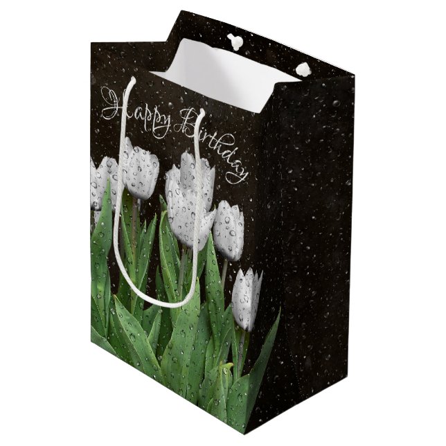Sac Cadeau Moyen Anniversaire des Tulipes blanches avec Raindrops (Devant Angle)