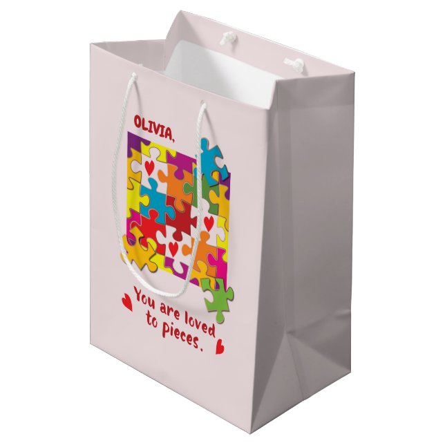 Sac Cadeau Moyen Anniversaire Fille Puzzle Amour aux pièces (Devant Angle)