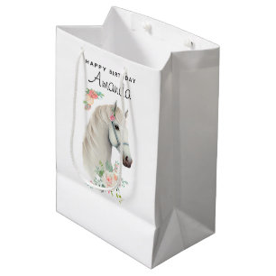 Sac Cadeau Moyen Anniversaire Floral du Boho de Cheval Blanc Élégan