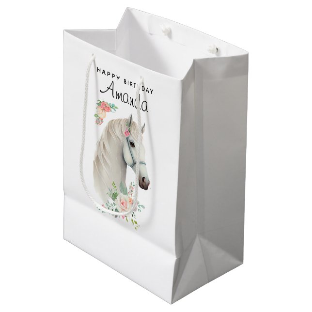 Sac Cadeau Moyen Anniversaire Floral du Boho de Cheval Blanc Élégan (Devant Angle)