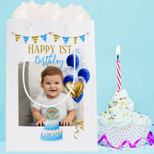 Sac Cadeau Moyen Anniversaire Garçon Un An Photo Bleu Ballon Doré M