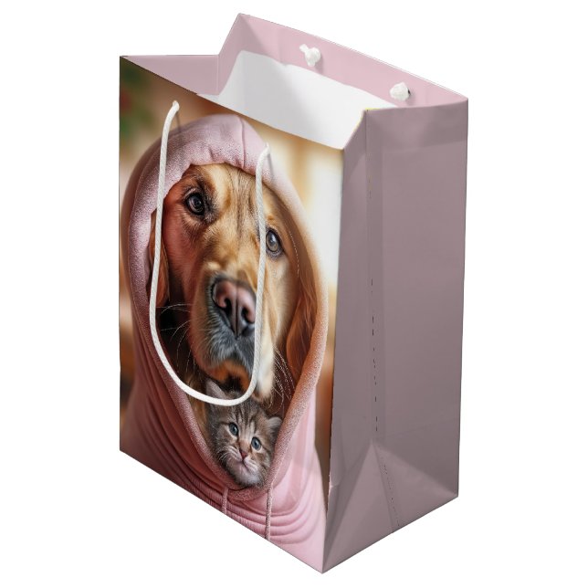 Sac Cadeau Moyen Anniversaire Golden Retriever Avec Tabby Kitten (Devant Angle)