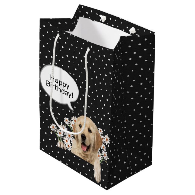 Sac Cadeau Moyen anniversaire Golden Retriever dans la marguerite (Devant Angle)