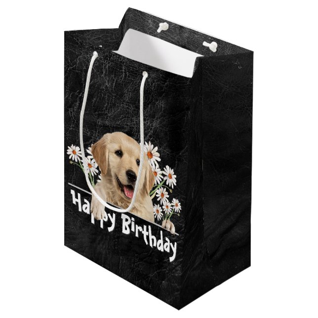 Sac Cadeau Moyen Anniversaire Golden Retriever en cuir noir (Devant Angle)