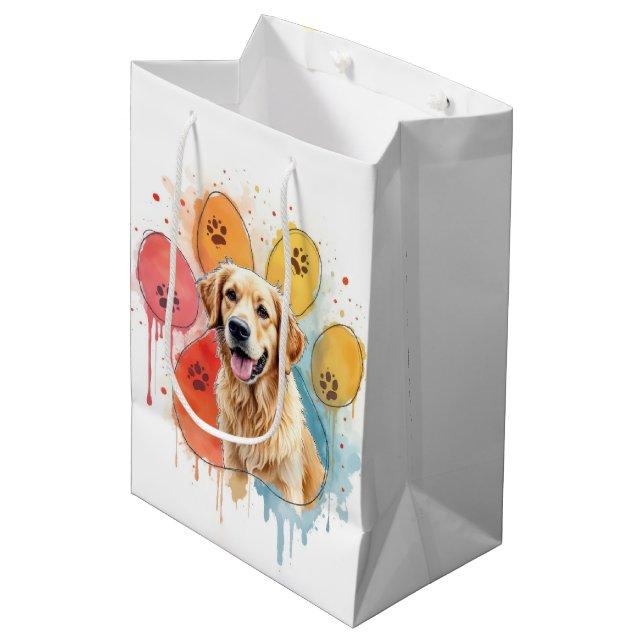 Sac Cadeau Moyen Anniversaire Golden Retriever en Empreinte de patt (Devant Angle)