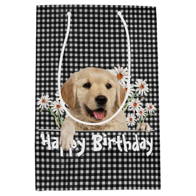 Sac Cadeau Moyen Anniversaire Golden Retriever En vichy (Devant)