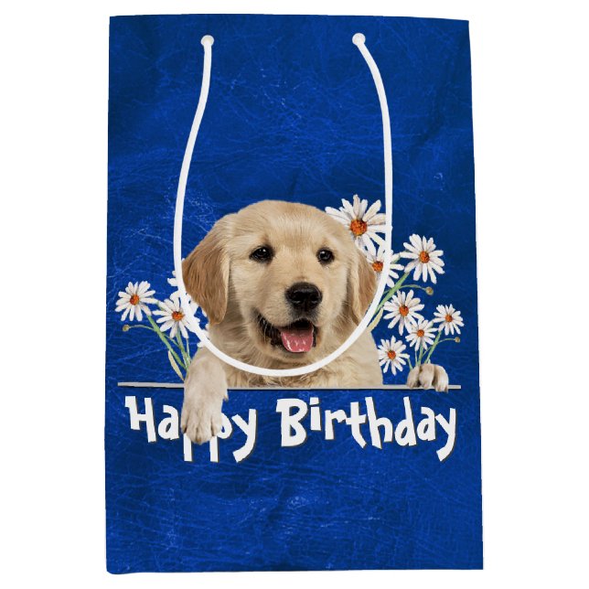 Sac Cadeau Moyen Anniversaire Golden Retriever Sur Cuir Bleu (Devant)