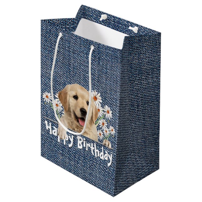 Sac Cadeau Moyen Anniversaire Golden Retriever Sur Denim (Devant Angle)