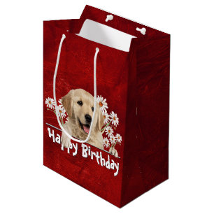 Sac Cadeau Moyen Anniversaire Golden Retriever sur le cuir rouge