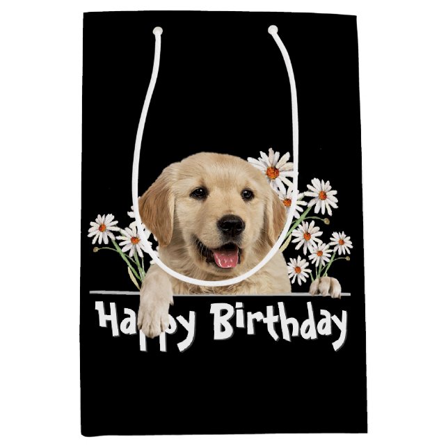 Sac Cadeau Moyen Anniversaire Golden Retriever sur noir (Devant)