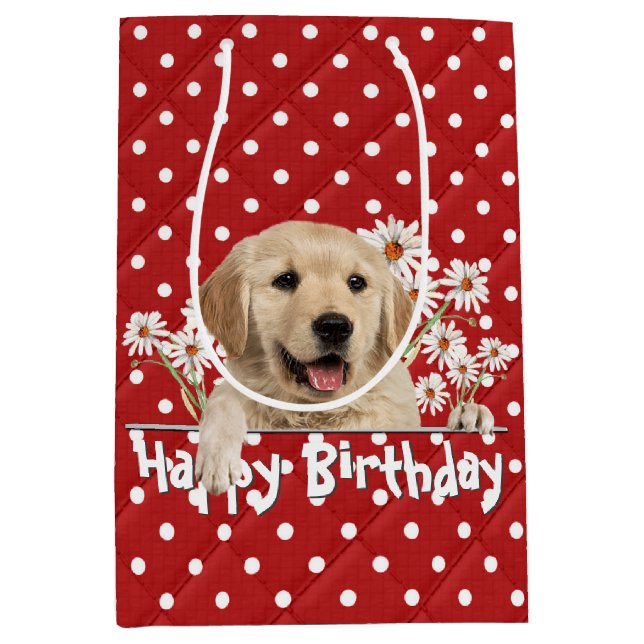 Sac Cadeau Moyen Anniversaire Golden Retriever sur Pois (Devant)