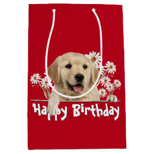 Sac Cadeau Moyen Anniversaire Golden Retriever Sur Rouge