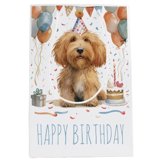 Sac Cadeau Moyen Anniversaire Goldendoodle Chien (Devant)