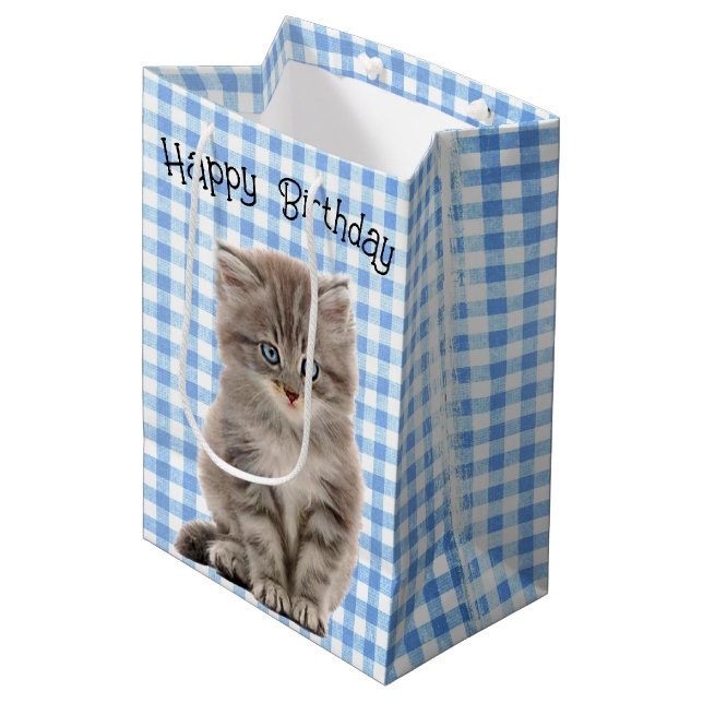 Sac Cadeau Moyen Anniversaire Gray Kitten En vichy (Devant Angle)