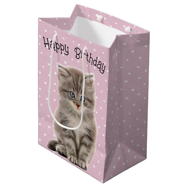 Sac Cadeau Moyen Anniversaire Gris Kitten Sur Pois (Devant Angle)