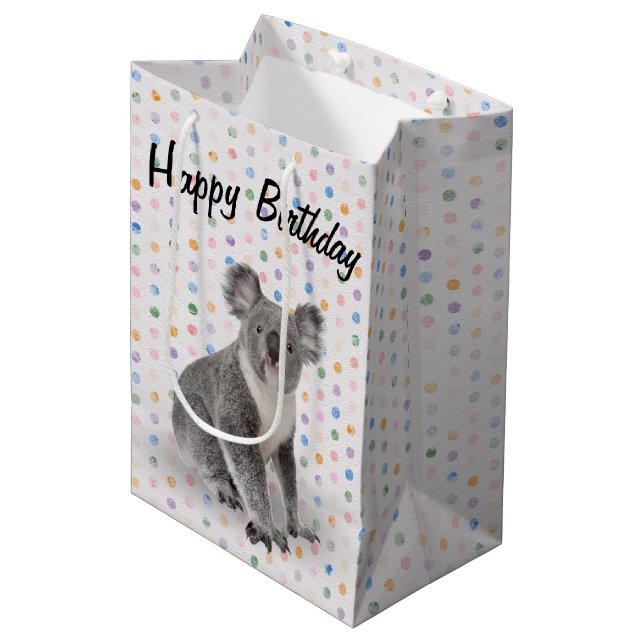 Sac Cadeau Moyen Anniversaire Koala Bear sur Pois (Devant Angle)