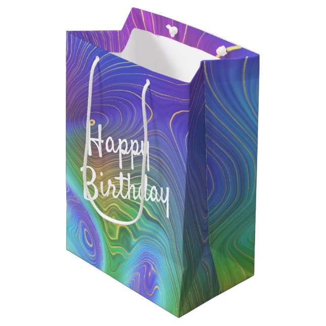 Sac Cadeau Moyen Anniversaire Liquid Arc-en-ciel Abstrait (Devant Angle)