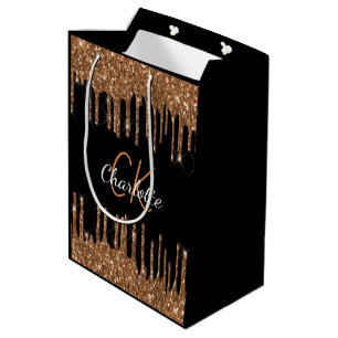 Sac Cadeau Moyen Anniversaire noir or paillettes gouttes monogramme