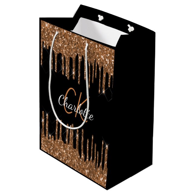 Sac Cadeau Moyen Anniversaire noir or paillettes gouttes monogramme (Dos Angle)