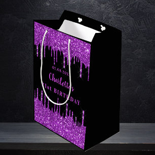 Sac Cadeau Moyen Anniversaire noir violet parties scintillant goutt