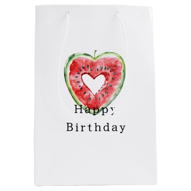 Sac Cadeau Moyen Anniversaire Pastèque à Coeur Rouge Vert (Devant)