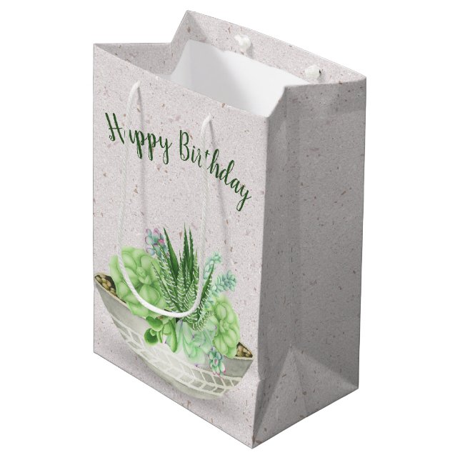 Sac Cadeau Moyen Anniversaire Plante Succulent sur Terrazzo (Devant Angle)