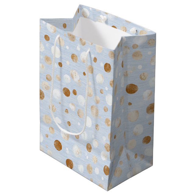 Sac Cadeau Moyen Anniversaire Points Bleu Blanc Marron (Devant Angle)