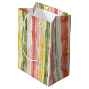 Sac Cadeau Moyen Anniversaire Rayures Jaune Vert Rose Orange
