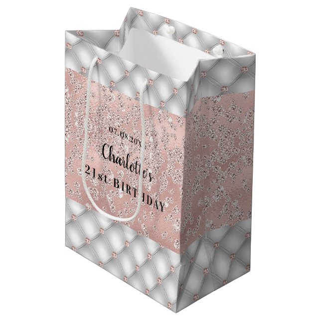 Sac Cadeau Moyen Anniversaire rose or argent parties scintillant su (Devant Angle)