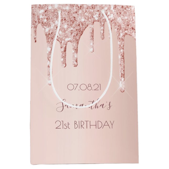 Sac Cadeau Moyen Anniversaire rose or parties scintillant goutte de (Devant)