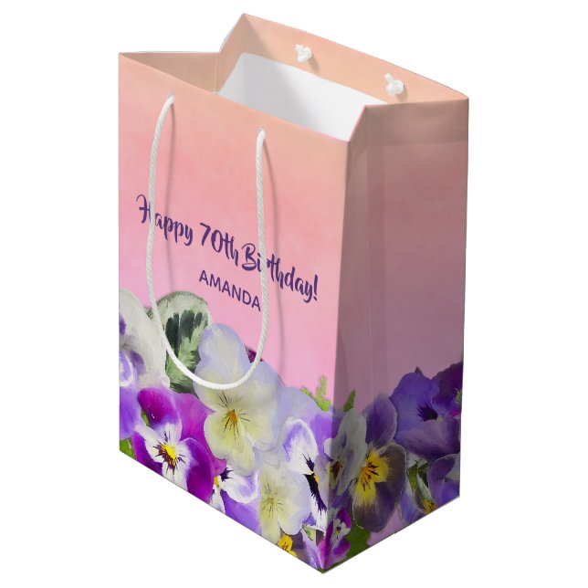 Sac Cadeau Moyen Anniversaire rose pourpre flush fleuron nom (Dos Angle)
