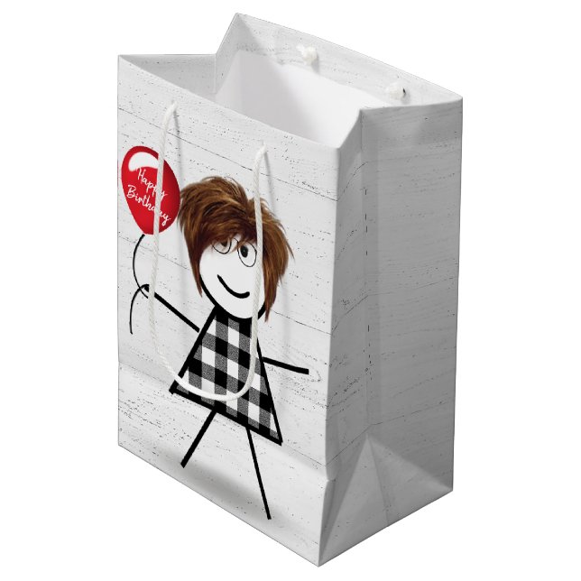 Sac Cadeau Moyen Anniversaire Stick Girl avec ballons sur bois (Devant Angle)