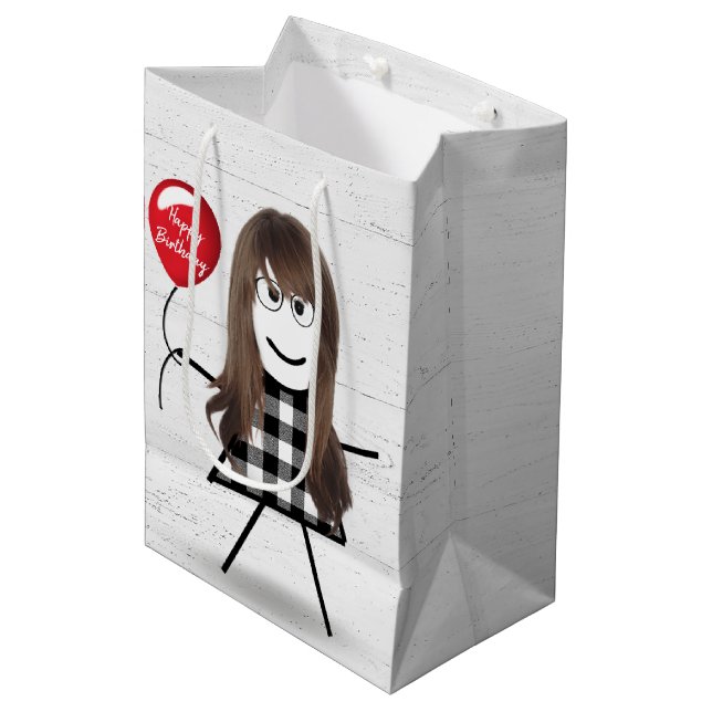 Sac Cadeau Moyen Anniversaire Stick Girl avec ballons sur bois (Devant Angle)
