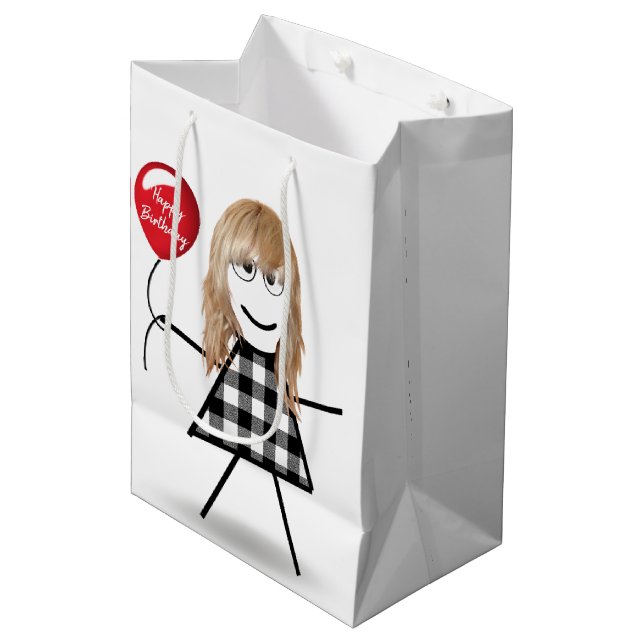 Sac Cadeau Moyen Anniversaire Stick Girl avec Balloon rouge (Devant Angle)