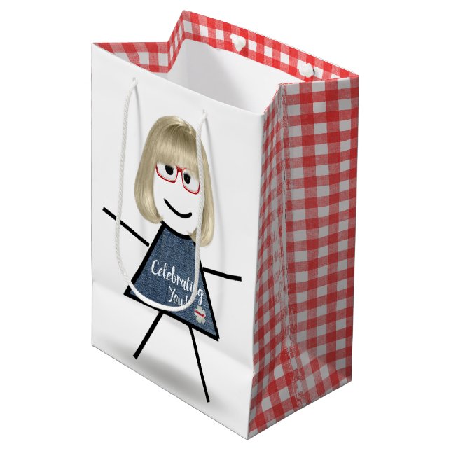 Sac Cadeau Moyen Anniversaire Stick Girl avec cheveux (Devant Angle)