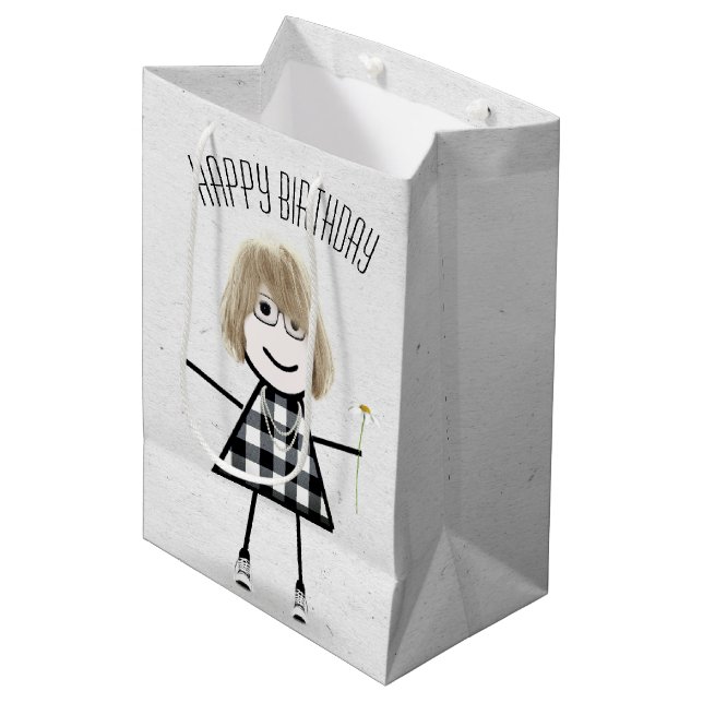 Sac Cadeau Moyen Anniversaire Stick Girl avec marguerite (Devant Angle)
