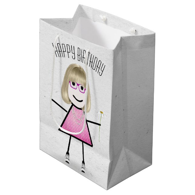 Sac Cadeau Moyen Anniversaire Stick Girl avec marguerite (Devant Angle)