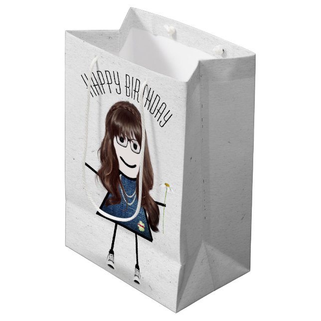 Sac Cadeau Moyen Anniversaire Stick Girl avec marguerite (Devant Angle)