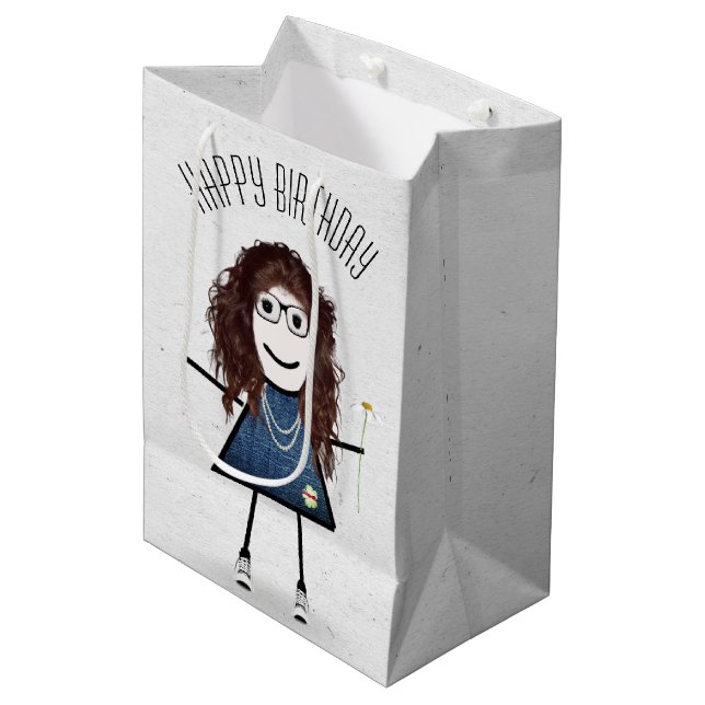 Sac Cadeau Moyen Anniversaire Stick Girl avec marguerite (Devant Angle)