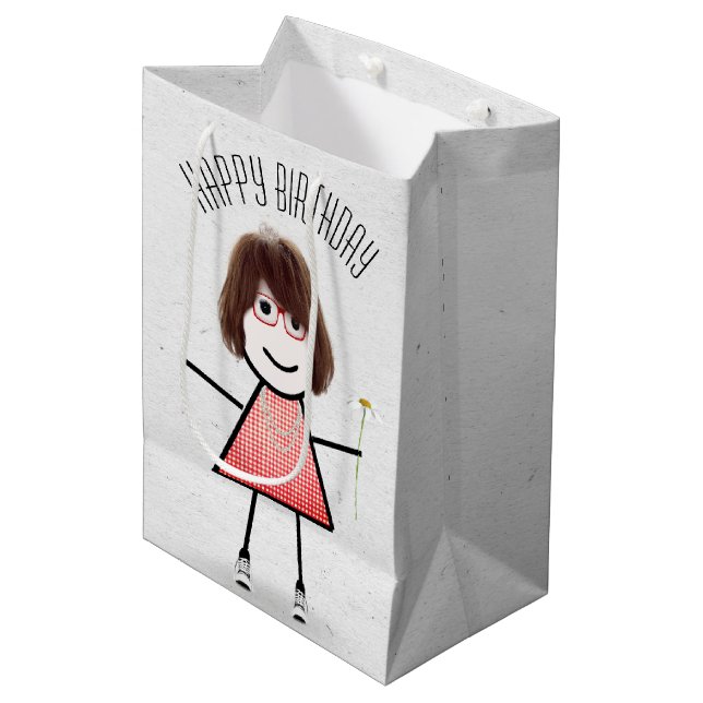 Sac Cadeau Moyen Anniversaire Stick Girl avec marguerite (Devant Angle)