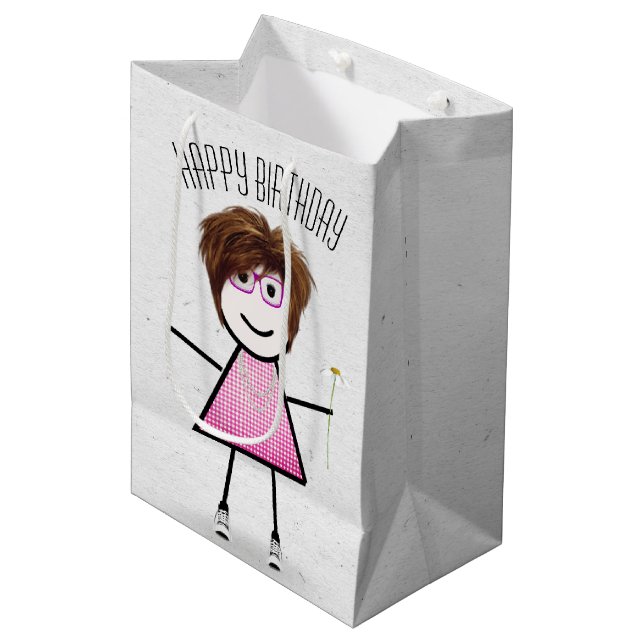 Sac Cadeau Moyen Anniversaire Stick Girl avec marguerite (Devant Angle)