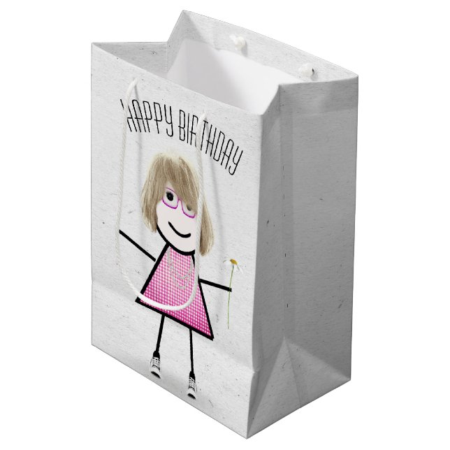 Sac Cadeau Moyen Anniversaire Stick Girl avec marguerite (Devant Angle)